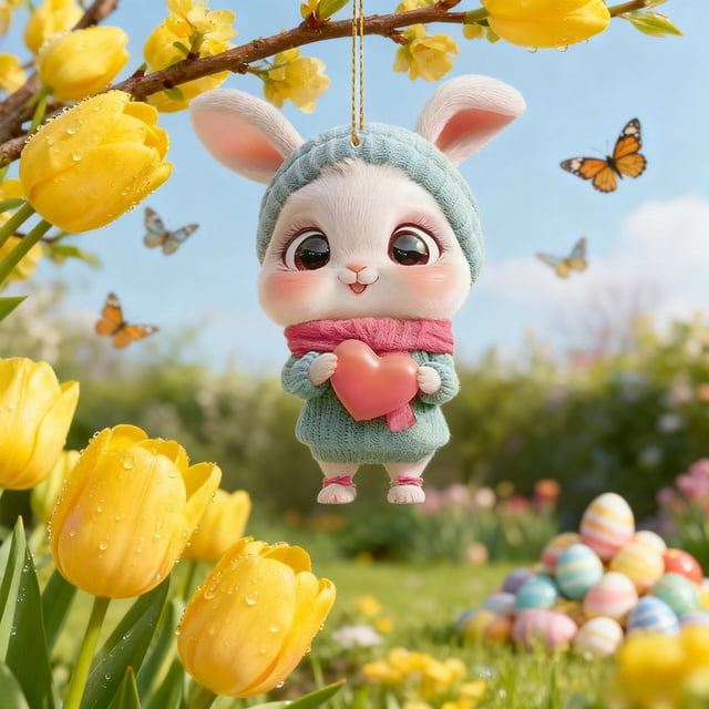 Easter Bunny Decorations,Bunny Rabbit Keychains Keyring,Easter Car Hanging Ornament Retro Bunny Easter Egg Basket Easter 2d Hangable Rearview Mirror Hanging Accessories Cute Cartoon Pendant