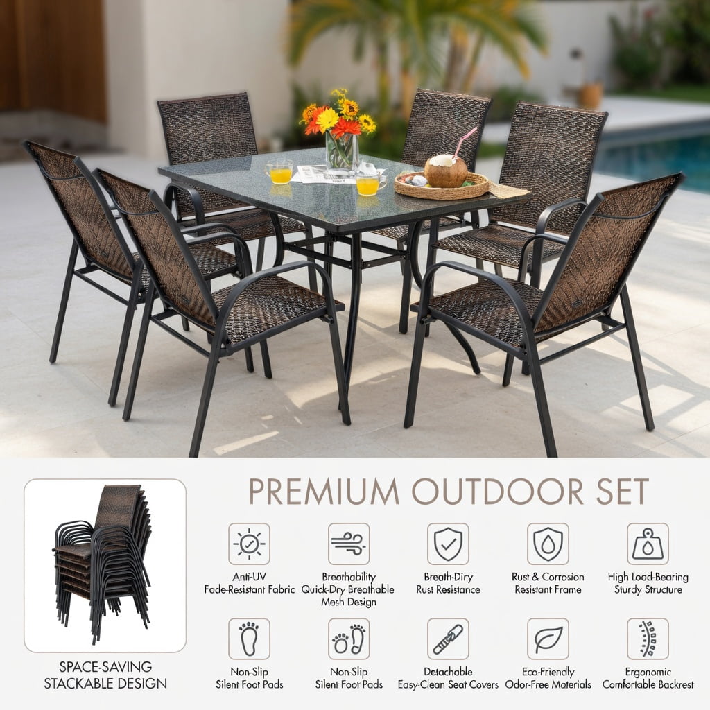 Hommoo 6-Pack Stackable Outdoor Dining Chairs, All-Weather PE Wicker & Rustproof Steel Frame, Patio, Garden & Poolside Use, Brown