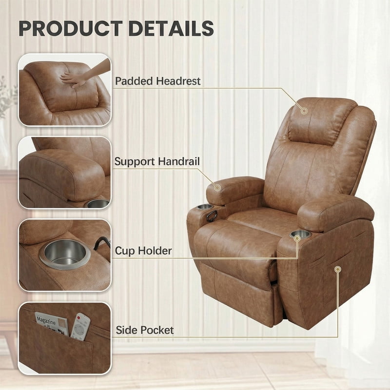 Homall 360° Swivel Rocking Recliner Massage Oversized Singal Sofa For Living Room Ergonomic High Backrest and Adjustable Recliner,PU Brown