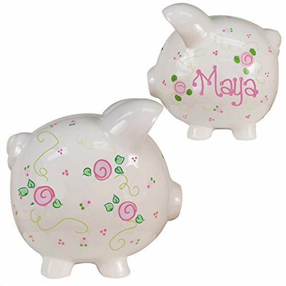My Bambino Girl's Hand Painted Personalized Pink Ladybug Piggy Bank Large White Ceramic piggybank Baby Gift (Pink Roses)