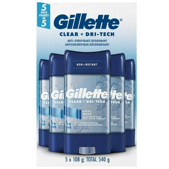 Gillette Antiperspirant Deodorant, Clear Gel, Cool Wave, 5 X 108 g