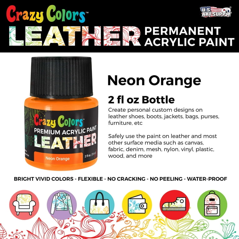 Crazy Colors Neon Orange Premium Acrylic Leather and Shoe Paint, 2 oz Bottle - Flexible, Crack, Scratch, Peel Resistant - Artist Create Custom