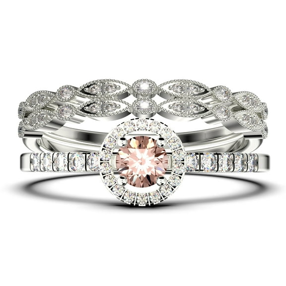 Dazzling Minimalist 2.00 Catar Round Morganite And Diamond Moissanite Engagement Ring, Wedding Ring, Two Matching Band in 925 Sterling Silver With 18k White Gold Plating Gift For Her, Silver