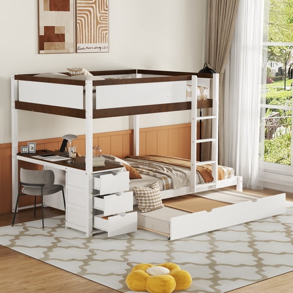 Full-Over-Full Bunk Bed with Twin Size Trundle, Storage and Desk, White Walnut