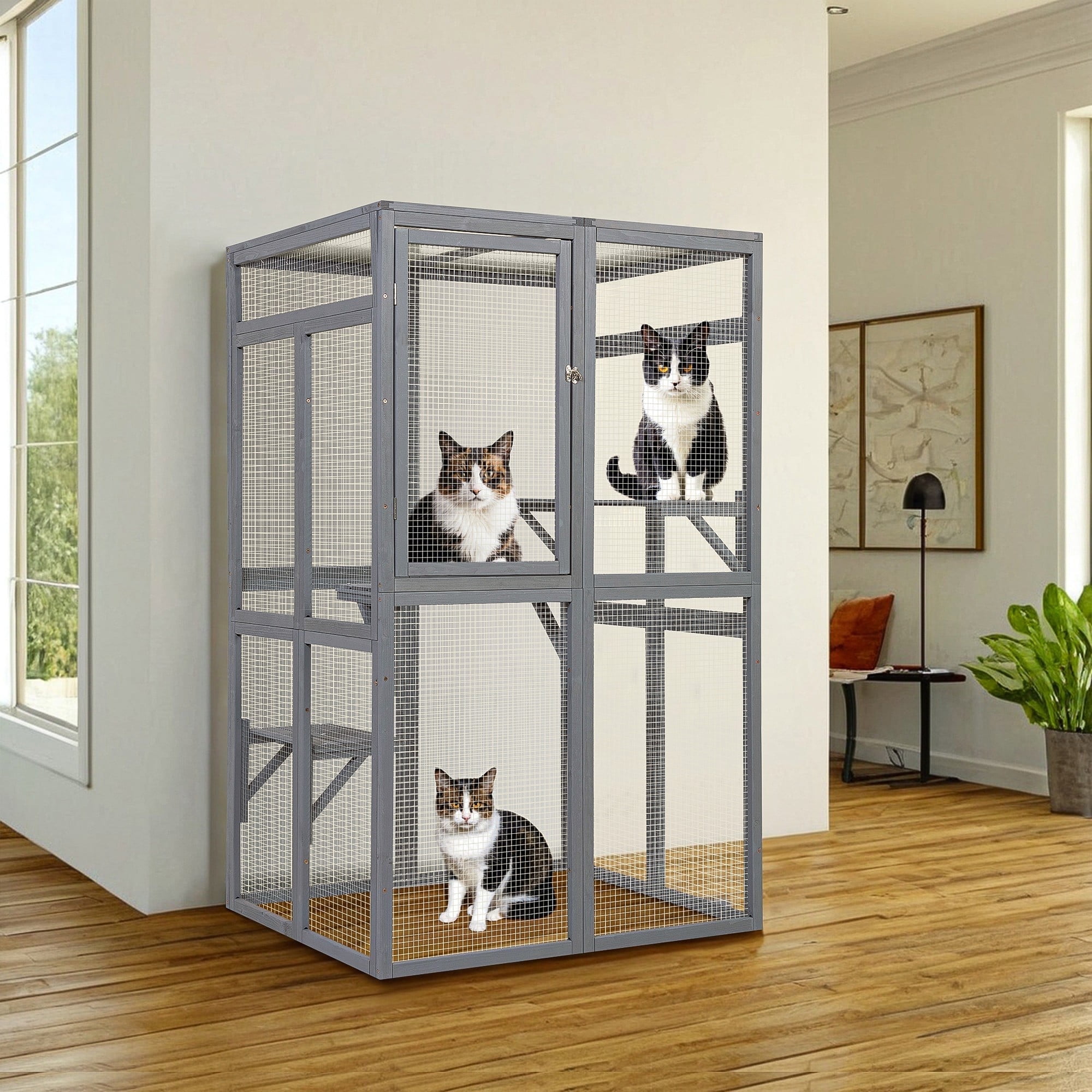Pefilos 64" Outdoor Cat House, Large Cat Condo for Feral Cats Wooden Outside Cat Cage Weatherproof with Platforms, Gray