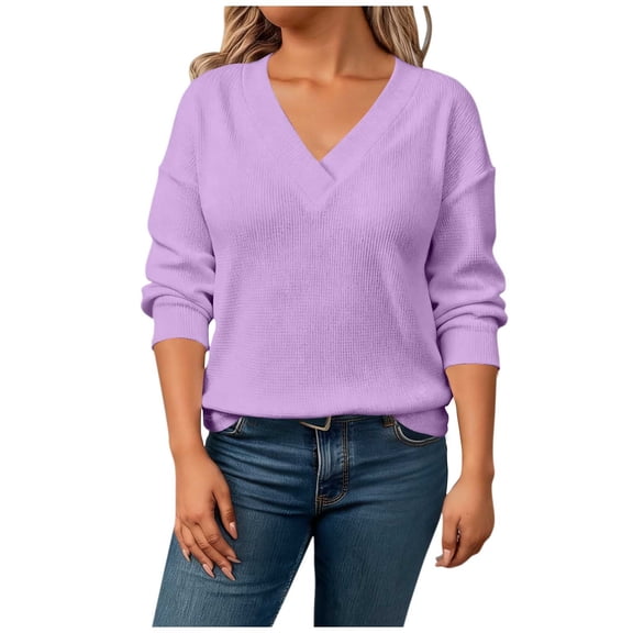 Lenpel Women's Plus Size Tops Long Sleeve V Neck Textured Knit T-Shirts Casual Loose Blouses Lightweight Pullover Sweatshirts(Purple,X-Large)