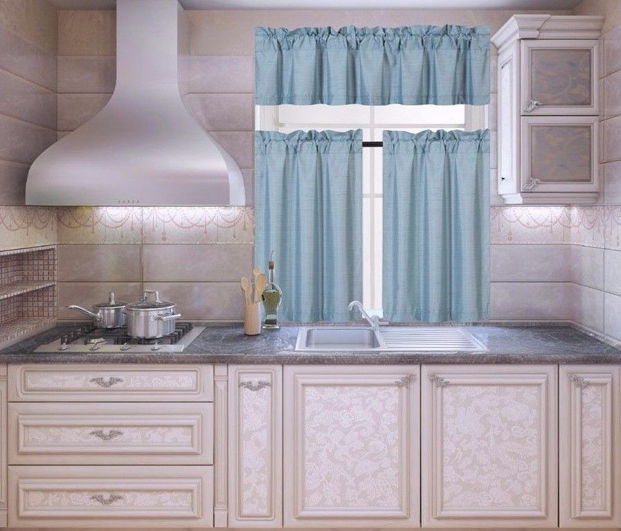 K3 Teal 3Piece Blackout Rod Pocket Kitchen Window Curtain Set