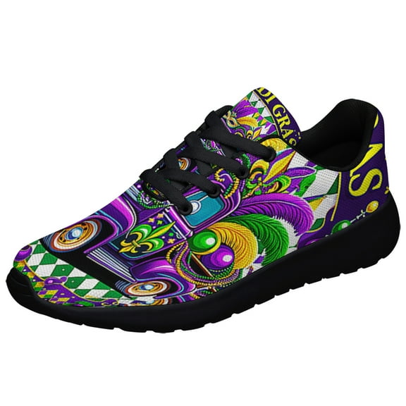 Mardi Gras Truck With Beads Mask Fleur De Lis Shoes Sneakers Black Size 3.5