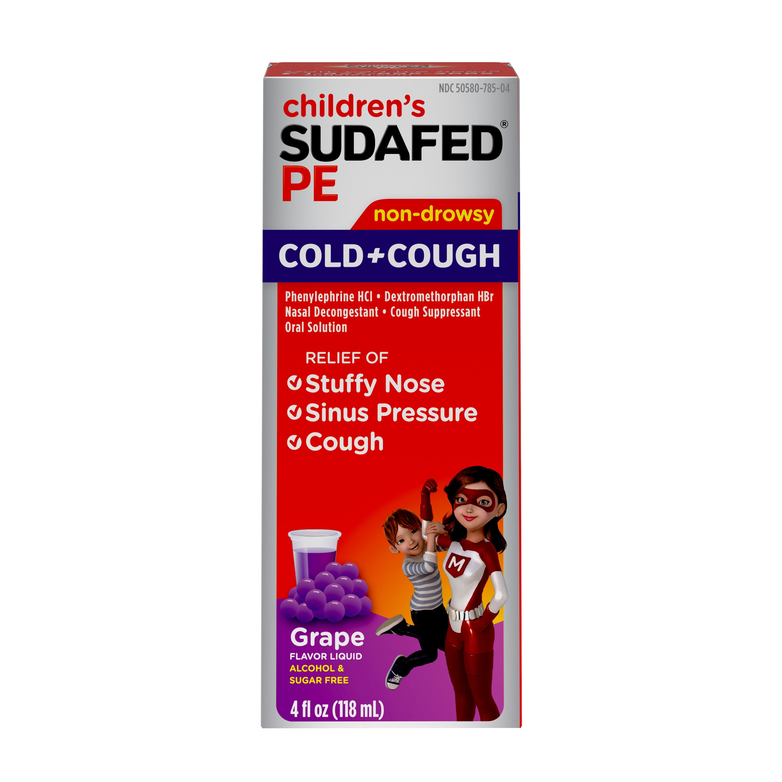 Children's Sudafed PE Cold + Cough Suppressant, Cold Medicine & Nasal Decongestant, Grape Flavor Liquid Cough Relief, 4 fl. oz