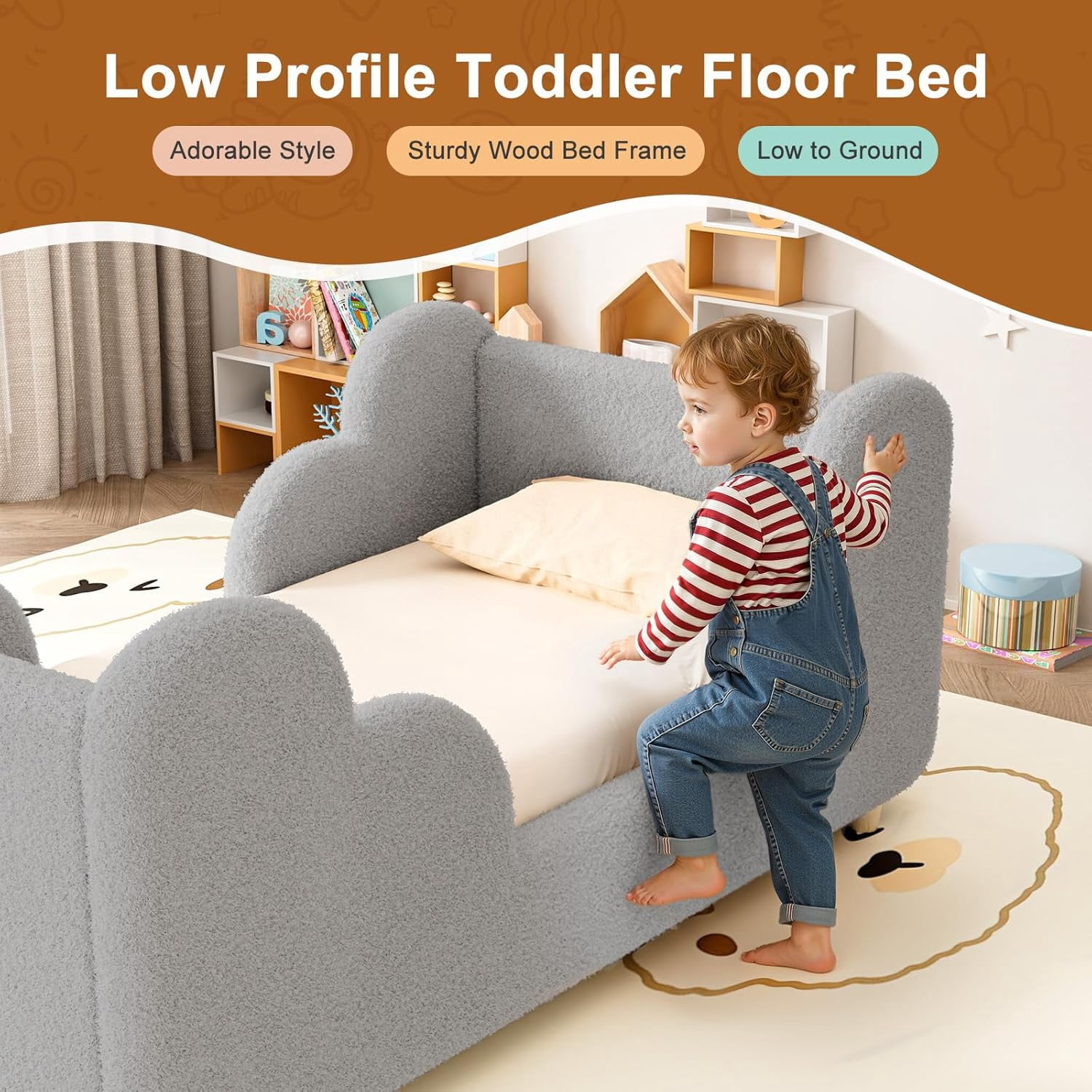 SLSY Toddler Bed,Classic Gray Child Bed for Kids with Extra Safty Broad,Certified Fabric Toddler Floor Bed,Standard Crib Size(Mattress Not Included)