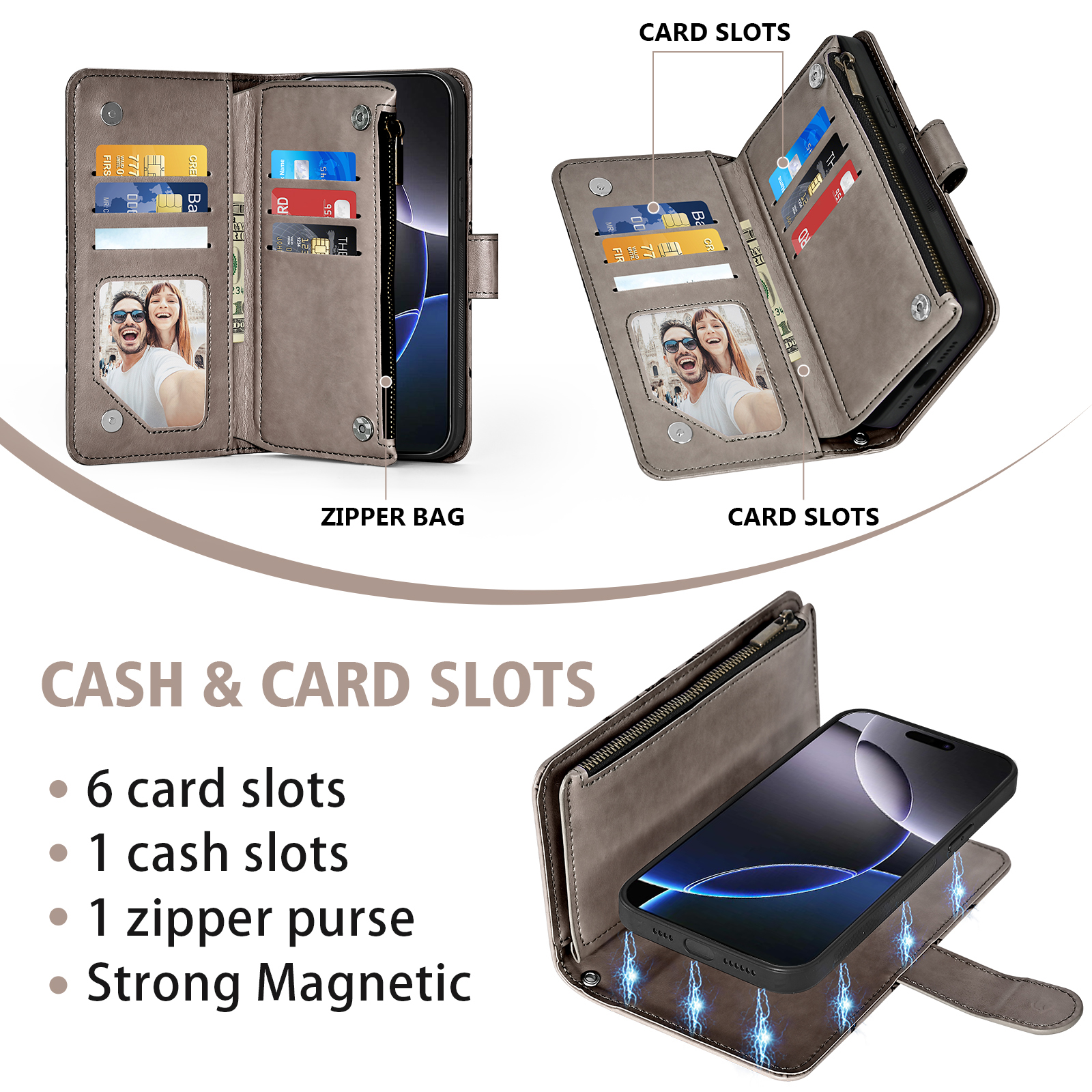 Phone Case for iPhone 16 Pro Max 6.9 inch Zipper Wallet Magnetic Detachable Cell Cover with Tempered Glass Screen Protector Crossbody Strap Flower Card Holder Slot i16 ProMax 16ProMax Women Grey
