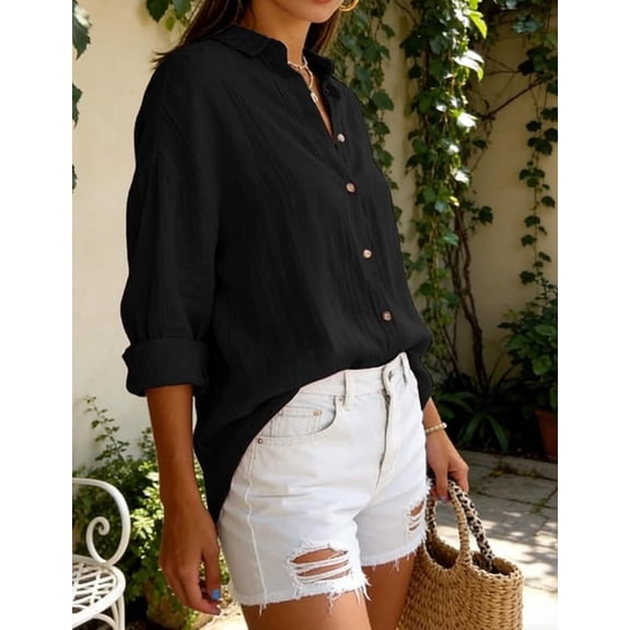 Women's Casual Plain Wrinkle Fabric 3/4 Sleeve Front Button Up Lapel Shirts