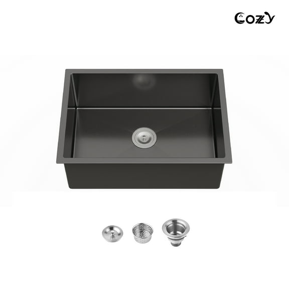 27x19 inch Black Stainless Steel Single Bowl Undermount Kitchen Sink with US Standard Drain and Hook, Model SS-BL04D-271908