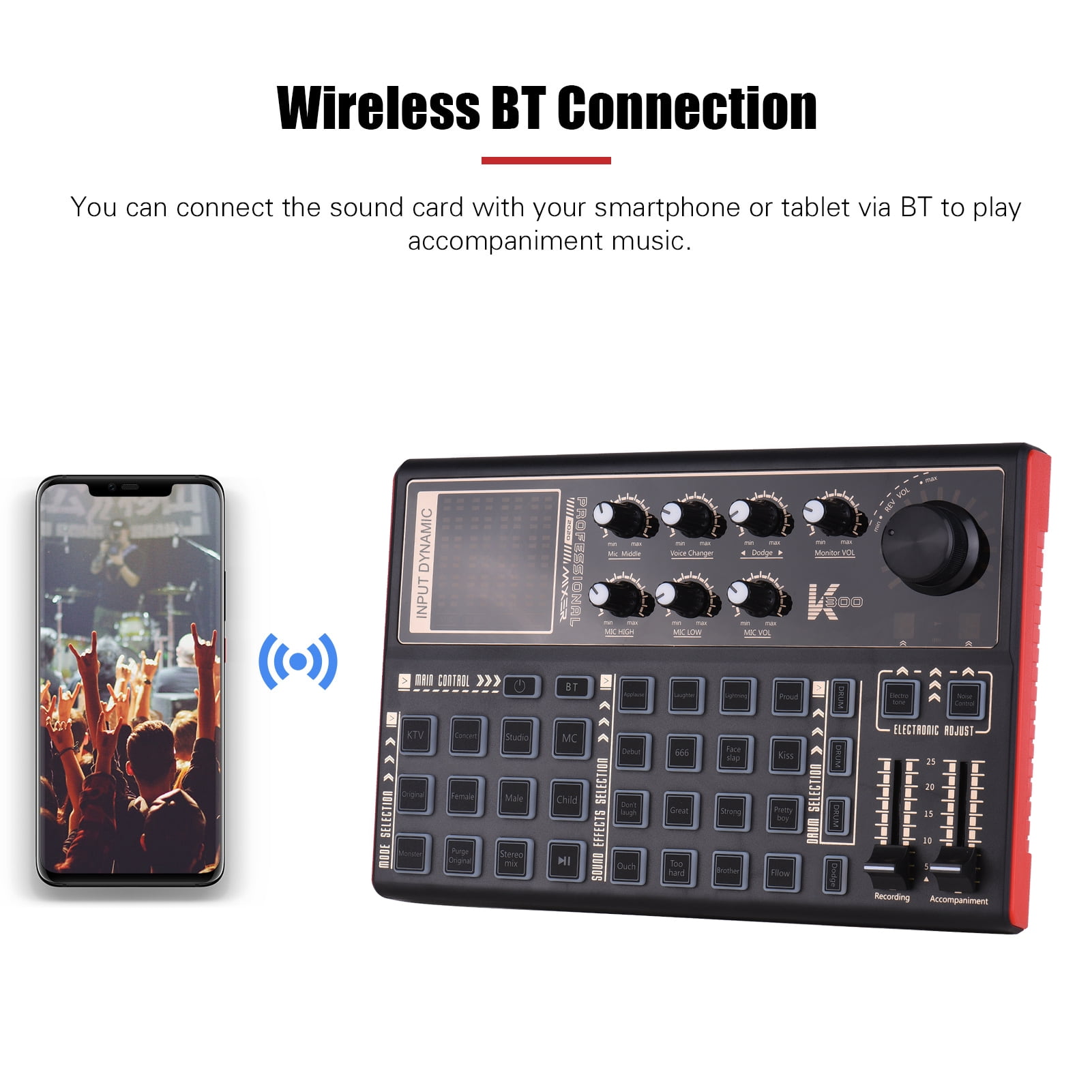 SK300 Live Audio Mixer Sound Card Kit with Voice Changer - Includes Microphone, Mic Stand, and Earphone, Built-in Rechargeable Battery, Multiple Sound Effects for Live Streaming and Music Recording