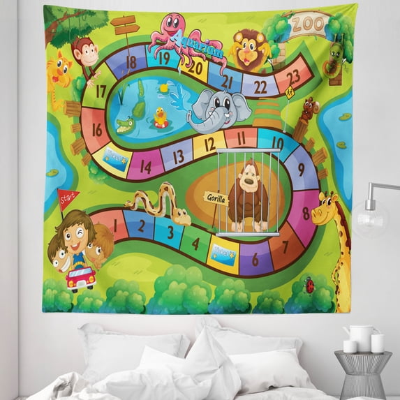 Cartoon Activity Tapestry, Day in Zoo Themed nd Exoticnimals GorillLion, Fabric Wall Hanging Decor for Bedroom Living Room Dorm, 5 Sizes, Multicolor, by Ambesonne