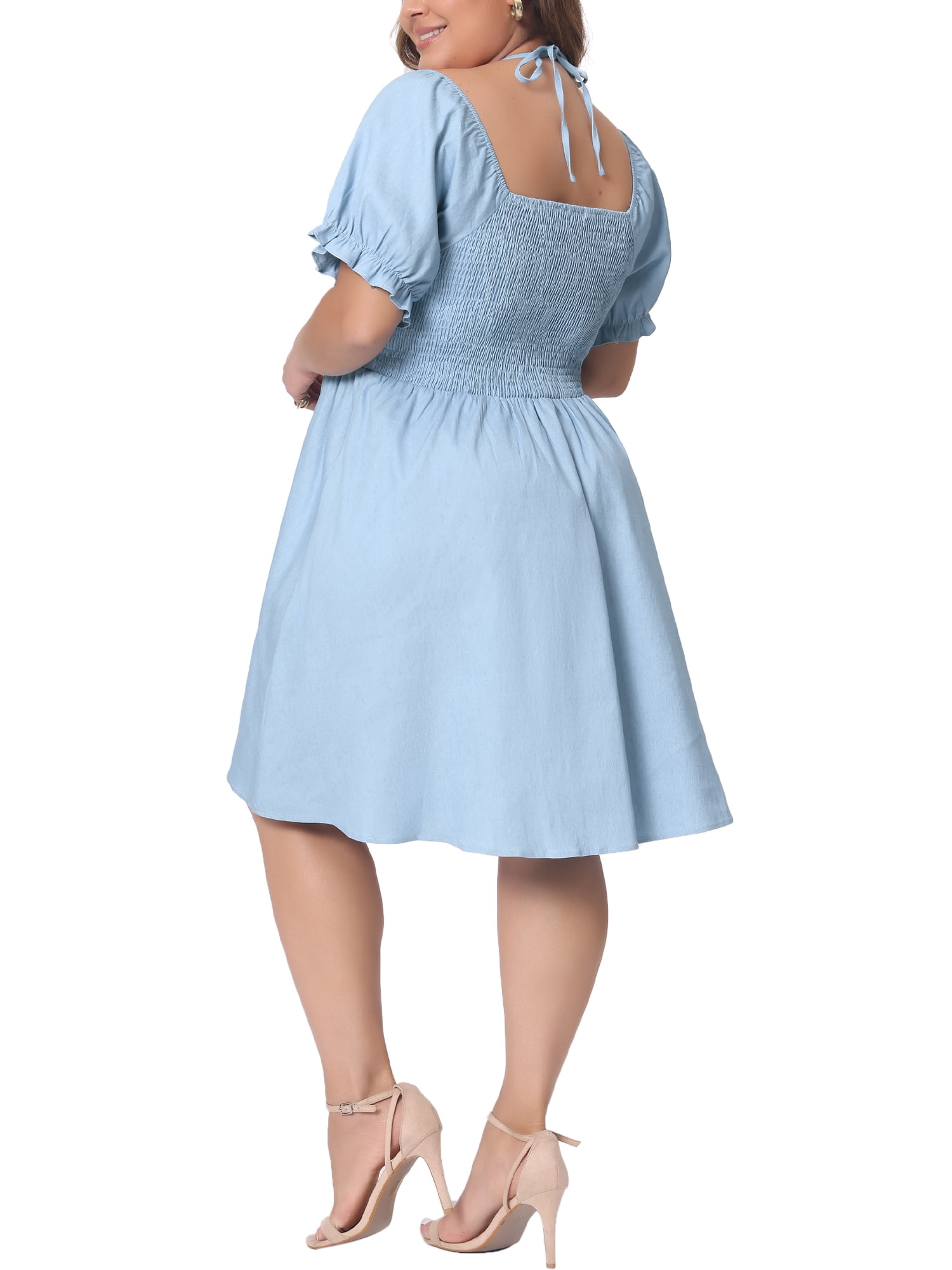 DARING DIVA Women's Plus Sweetheart Neck Puff Sleeve Dress 3X Light Blue