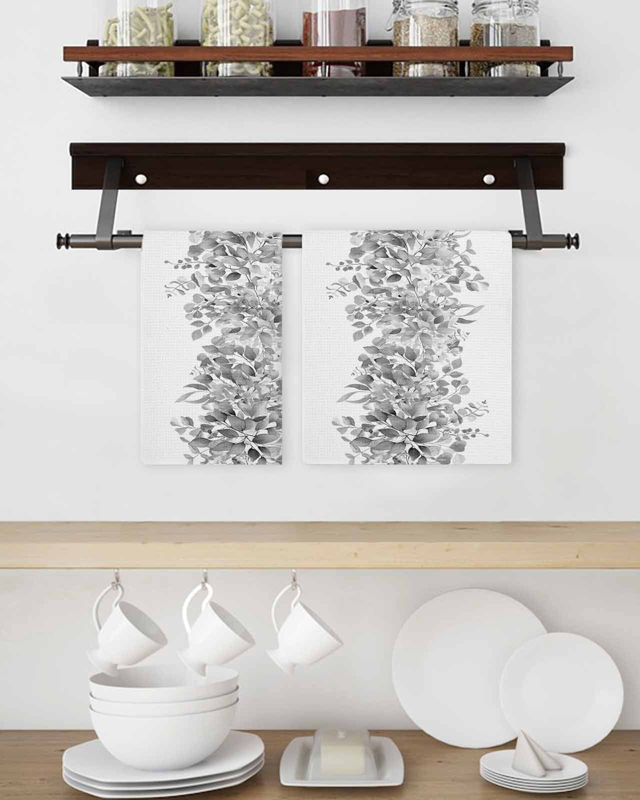 Black Grey Eucalyptus Leaves Hand Towels Set,Waffle Weave Kitchen Towels 4Pcs,Spring Summer Botanical Floral Microfiber Hair Face Bath Tea Towel Absorbent Cleaning Dish Cloths 15.7"x23.6"