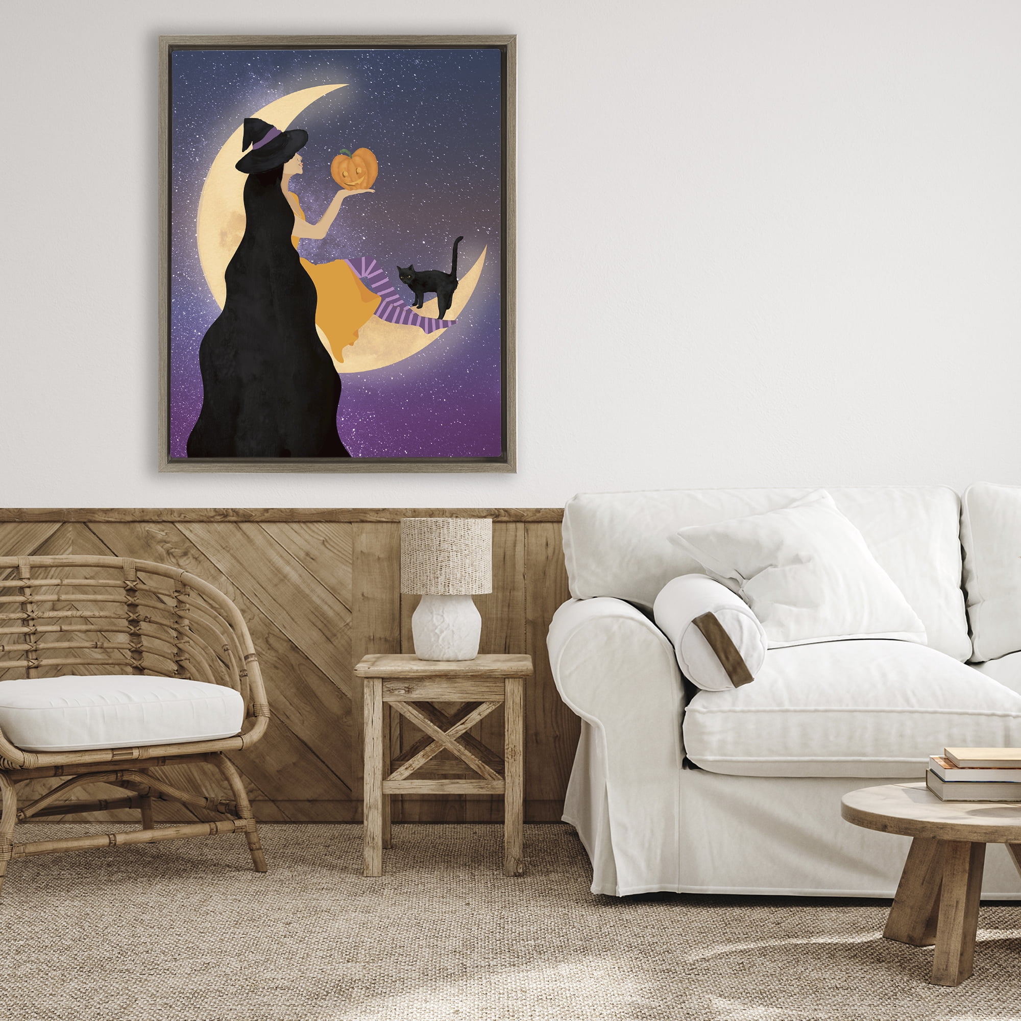 Stupell Industries Moonlit Witch Holding Jack-o-Lantern Brown Framed Floater Canvas Wall Art, design by Daniela Santiago