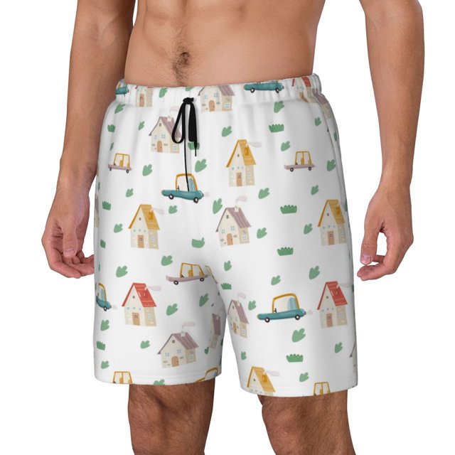 Balery Cartoon House Bañador para hombre, shorts de playa de secado rápido con entrepierna y forro de compresión-Small