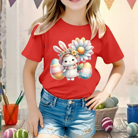 Valora Teen Girls Tops Tees Shirts Easter Graphic Top for Kids - Casual Short Sleeve Tee for Boys and Girls Red 12-13 Years