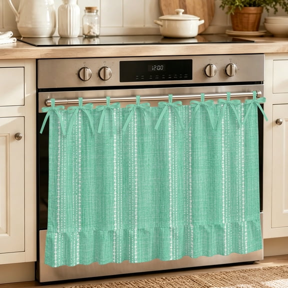 Oven Skirt Curtain for Kitchen 21.5x30 Inch, Green Stripe Oven Curtain with 8 Ribbon Ties & Ruffle Trim, Stove Skirt Curtain Dishwasher for Cabinets Over Sinks Farmhouse Modern Minimalist Geometric