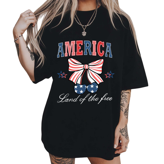 Land Of The Free America Bow 4th Of July Womens S-5XL Graphic Short Sleeve T-Shirt Black Tops