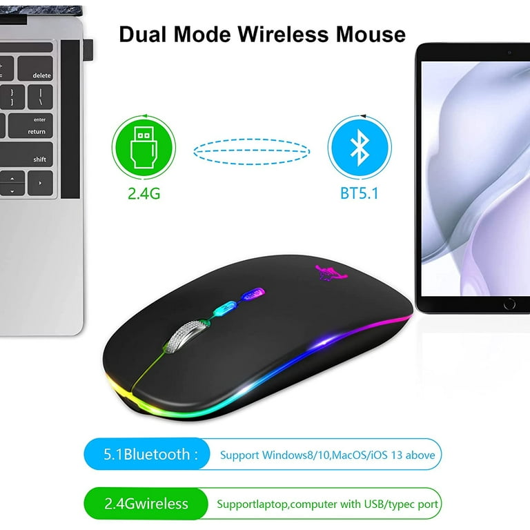 HOTLIFE LED Wireless Mouse, Slim Rechargeable Silent Portable USB Optical  2.4G Wireless Bluetooth Two Mode Computer Mice with USB Receiver and Type C
