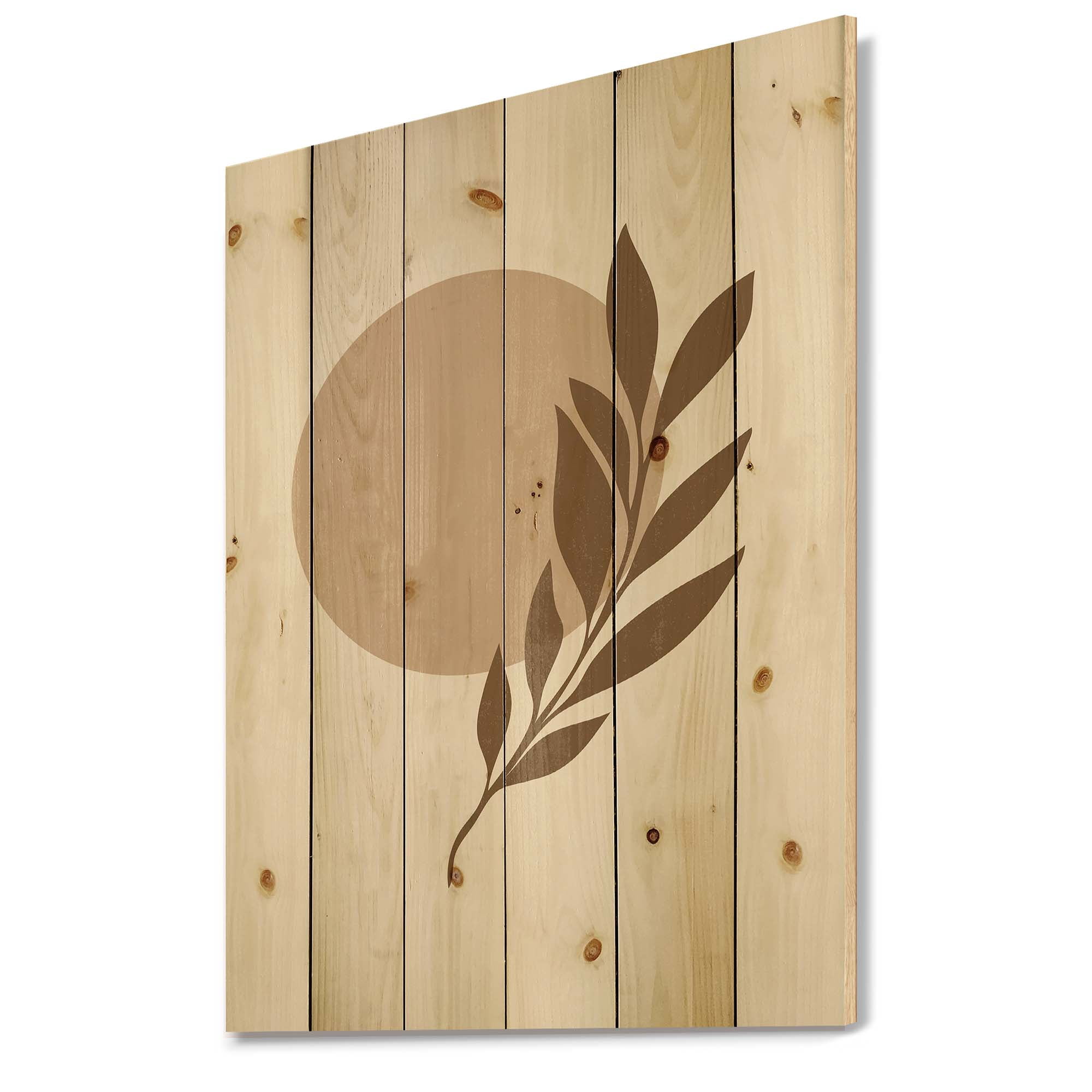 Designart 'Abstract Terracotta Moon and Sun With Tropical Leaf' Modern Print on Natural Pine Wood