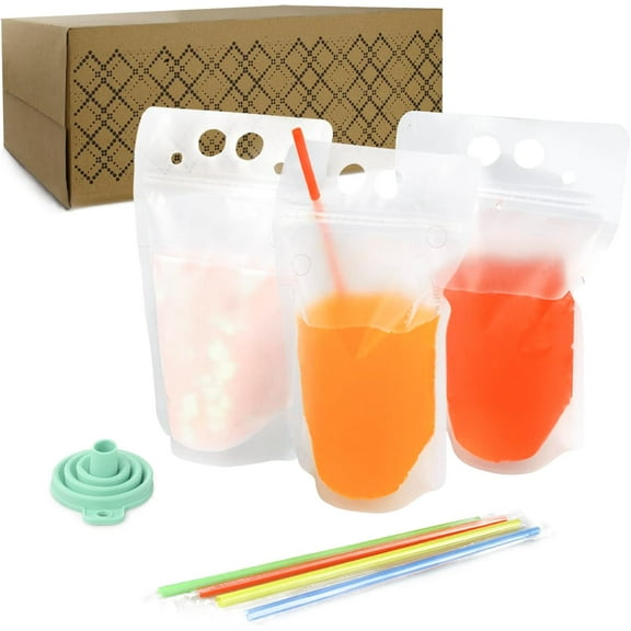 400PCS Drink Pouches with 400 Straws – Reusable Juice and Smoothie Bags with Zipper Seal – BPA-Free Stand-Up Plastic Pouches for Party, Travel, Camping & Bulk Drinks