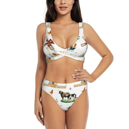 Zeuib Cute Farm High Waisted Tummy Control Bikini Set - Knot Front Push Up Top & Cheeky Thong Bottom  Two-Piece Swimsuit for Women-Medium