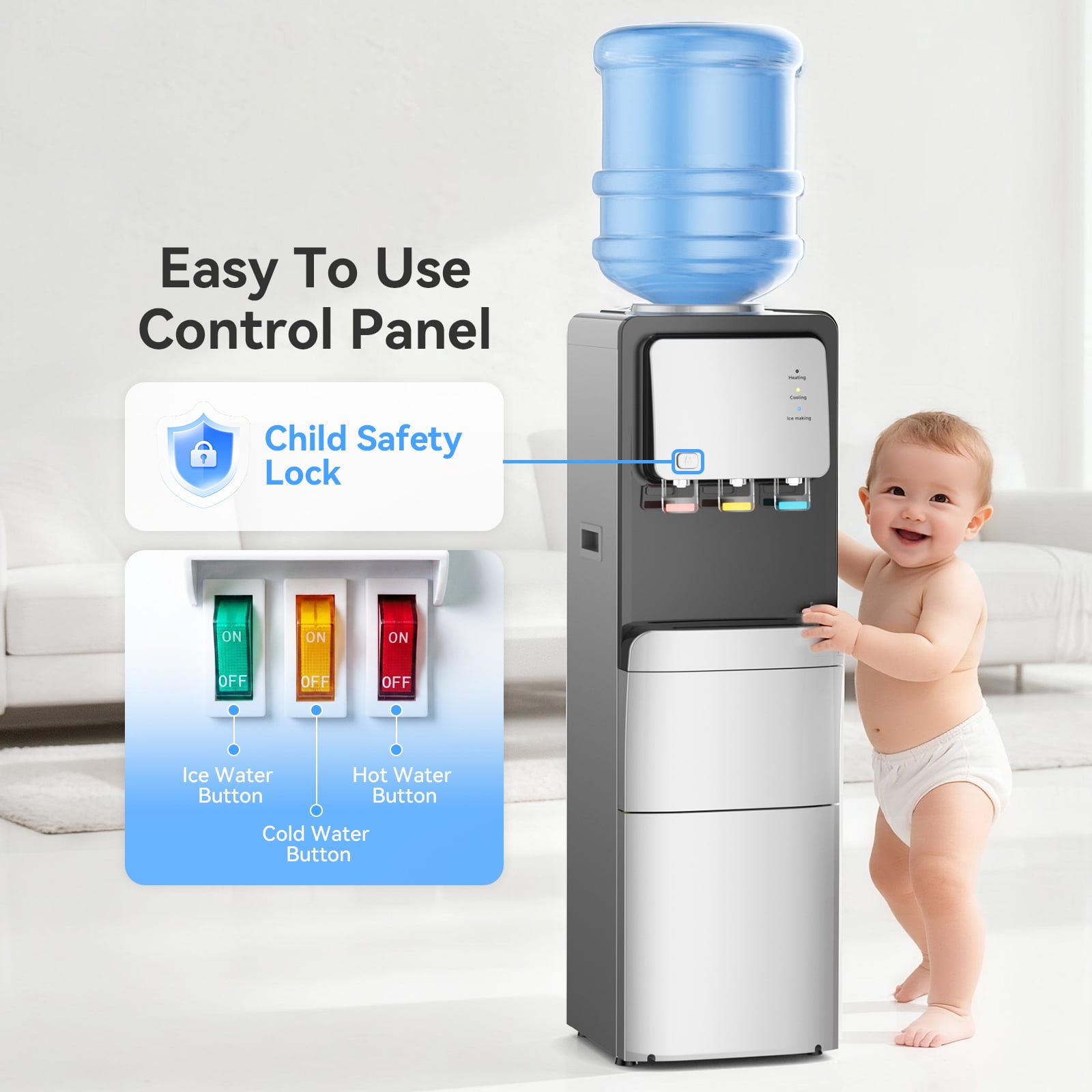 Joreek 3-in-1 Vertical Water Dispenser with Ice Maker, 12 Bullet Ice Cubes, Hot/Cold Electric Ice Dispenser for Home, Office, Cafe