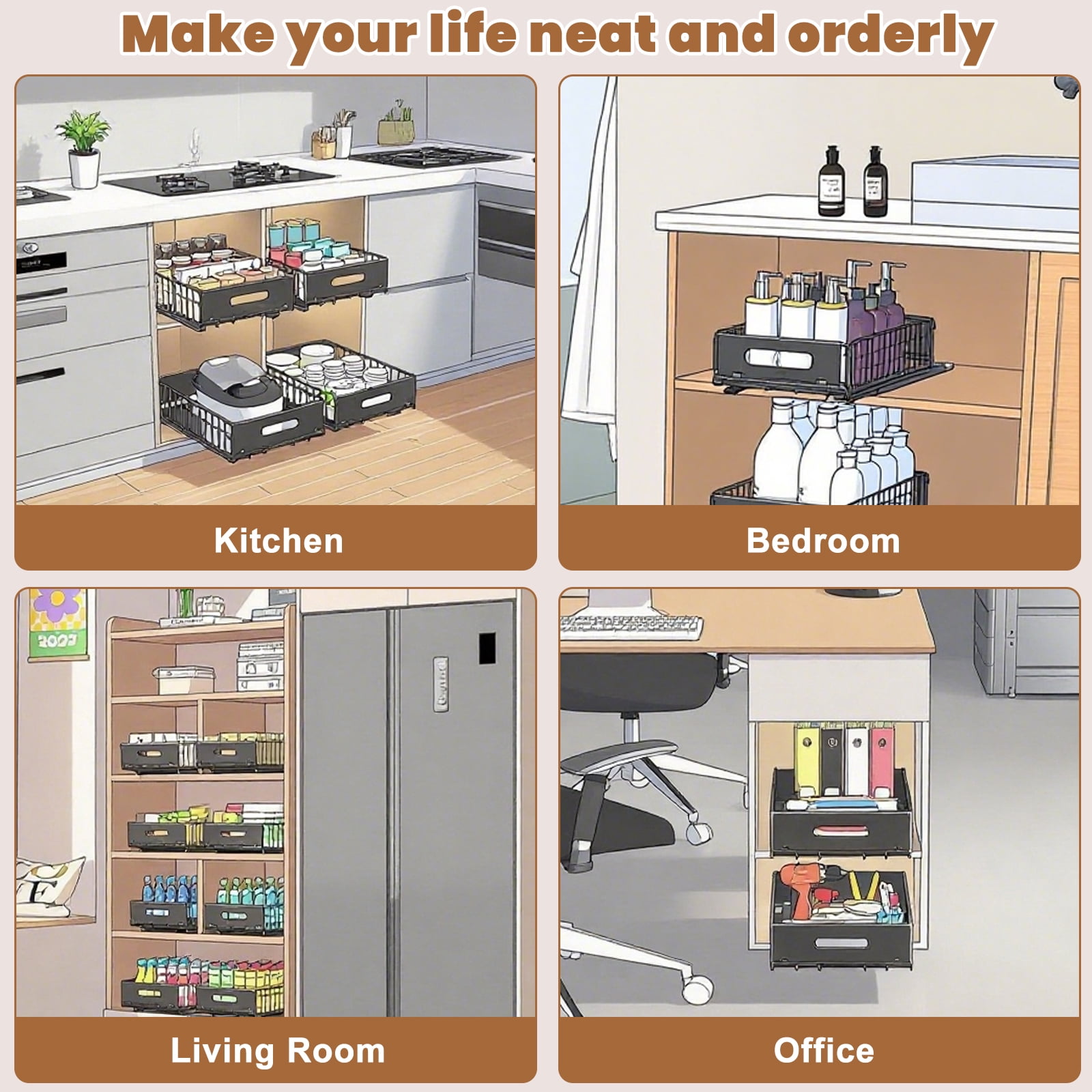 2 Pack Pull Out Cabinet Organizer,Under Sink Organizer,Slide Out Drawers for Cabinets, Peel and Stick, Heavy Duty Shelves for Kitchen, Cupboard, Pantry, Bathroom (14.76" D*9.65" W*7.48" H-Black)