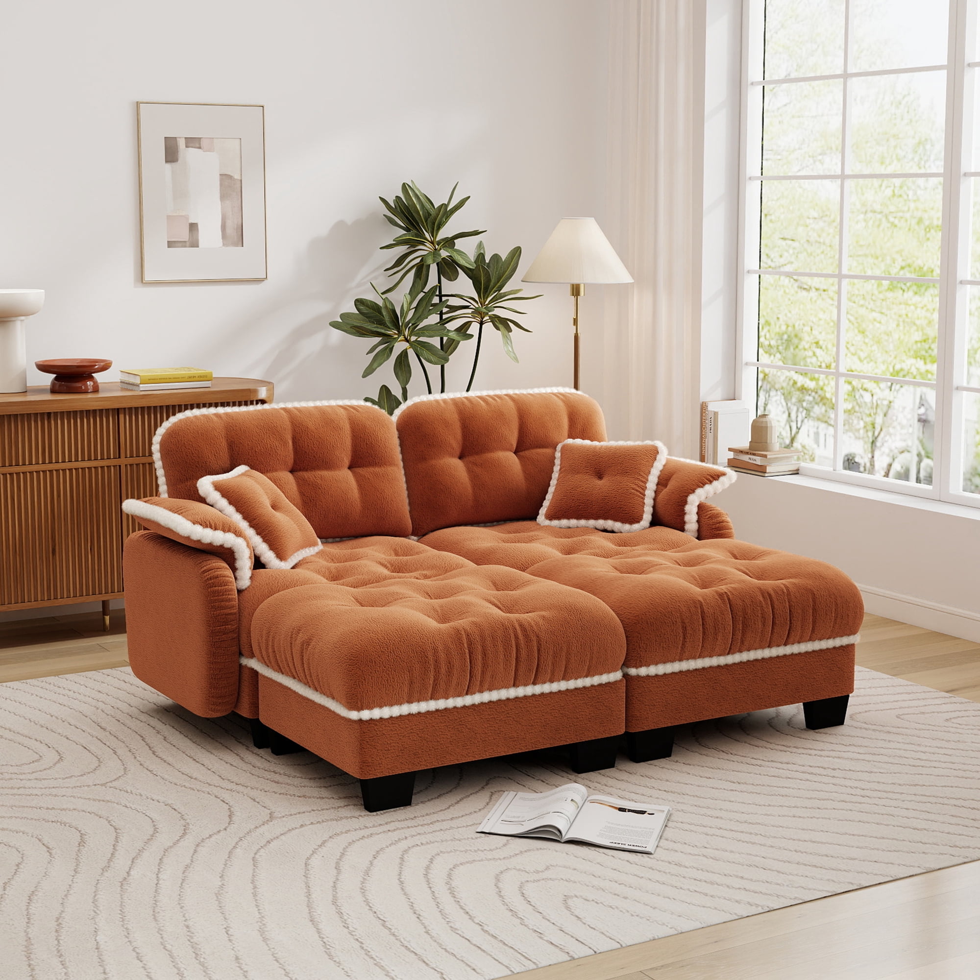 Aenkyo 70" Chenille Modular Sectional Sofa with 2 Ottomans, 23.8" Deep Seat, Orange