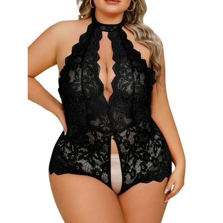 

Niuer Women Lingerie Lace Bodysuit Halter Neck Backless Babydoll Plus Size Ladies Mini Crotchless Sheer One Piece Black 1XL