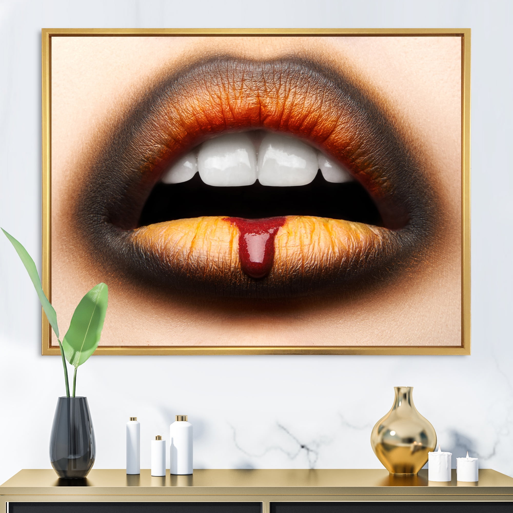 Designart 'Woman Lips With Black & Orange Lipstick' Modern Framed Canvas Wall Art Print
