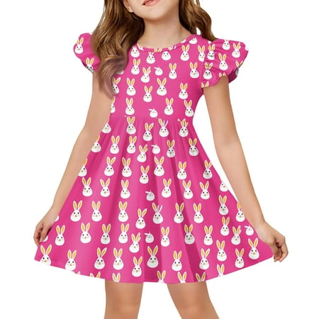 HAJWOH Easter Dresses for Girls Flutter Sleeve Easter Dresses Funny Cartoon Bunny Print Mini Dress Comfy A-Line Dress Hot Pink 13-14 Years
