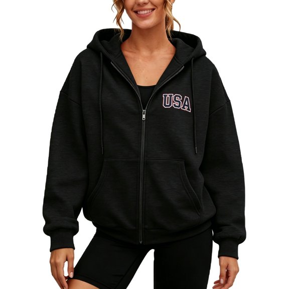 Womens Hoodie USA Letter Print Full Zip Up Sweatshirt Oversize Tops Long Sleeve Hooded Jacket with Pockets Solid Color Plus Size Coat Clothes