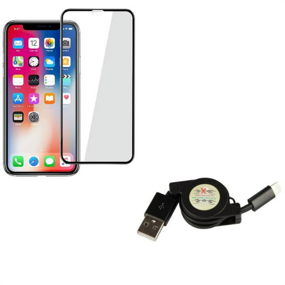 iPhone XS/X - Retractable USB Cable w Tempered Glass Screen Protector - Charger Power Cord Sync Wire Fast Charge, 5D Touch Curved Edge Full Cover Bubble Free Case Friendly 9H Hardness