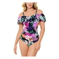 thumbnail image 3 of SWIM SOLUTIONS Women's Black Tropical Print Stretch Fixed Cups Lined Convertible Ruffled Deco Off The Shoulder One Piece Swimsuit 16, 3 of 4