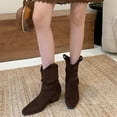 thumbnail image 2 of Slouchy Riding Boots for Women Suede Split Toe Trendy Strappy Chunky Heel Pull on Short Winter Booties Casual Western Mid Calf Boots, 2 of 7
