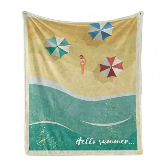 Island Party Soft Flannel Fleece Throw Blanket, Woman Sunbathing Hello Summer Words Sandy Beach Retro Grunge Poster Print, Cozy Plush for Indoor and Outdoor Use, 70" x 90", Multicolor, by Ambesonne