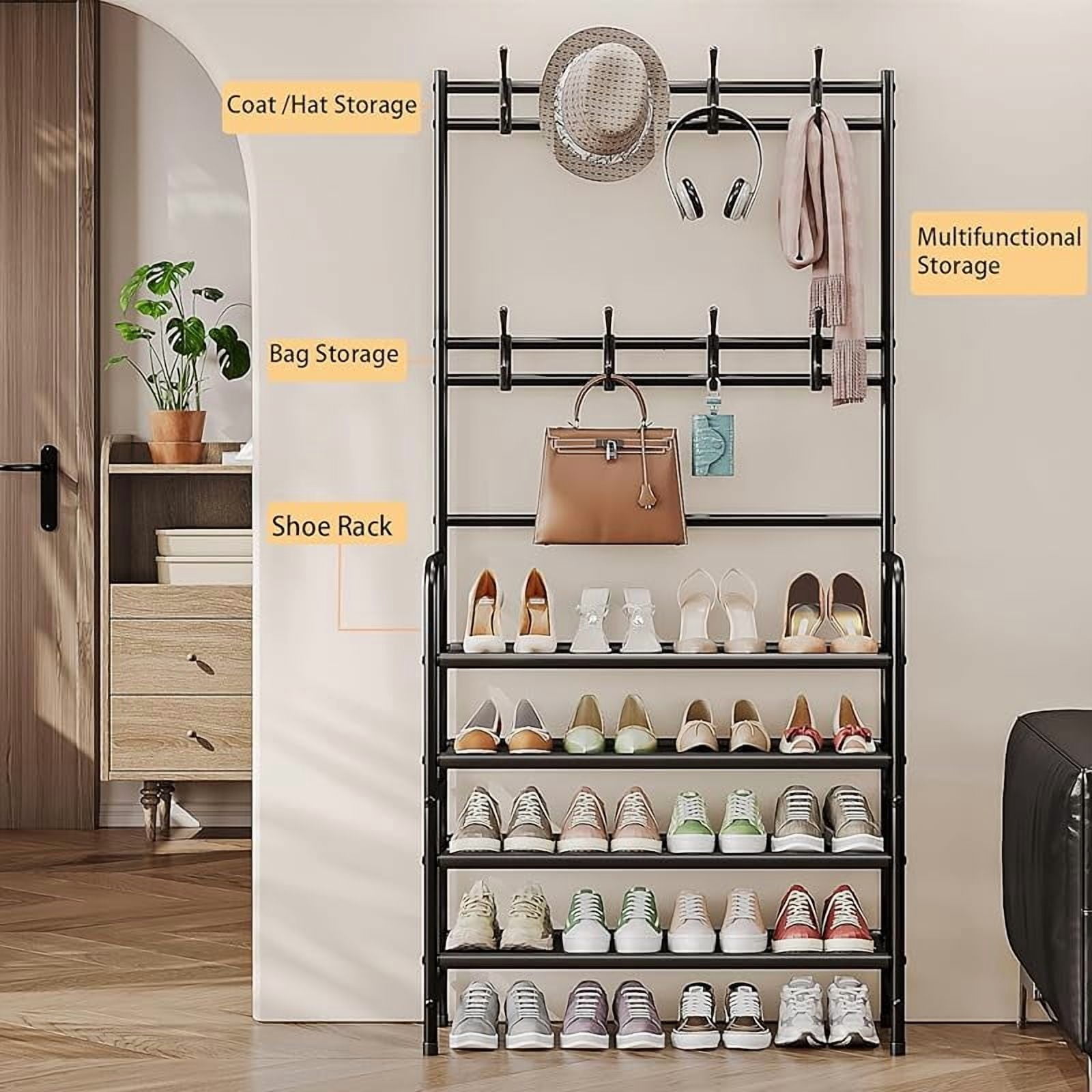 SEAMIKA Coat Rack Shoe Rack With Storage Shelf Freestanding with 8 Hooks for Entryway Bedroom Closet 4 Tier, Black