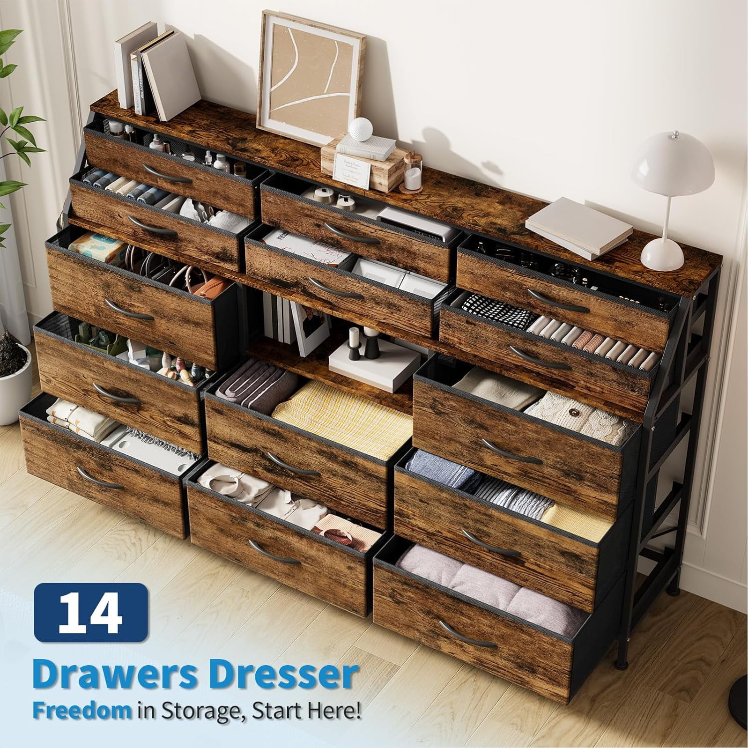 Dresser for Bedroom with 14 Drawers, 55" W Dresser with Side Pocket, Fabric Dressers & Chests of Drawers with Shelves, Sturdy Frame, Wood Top