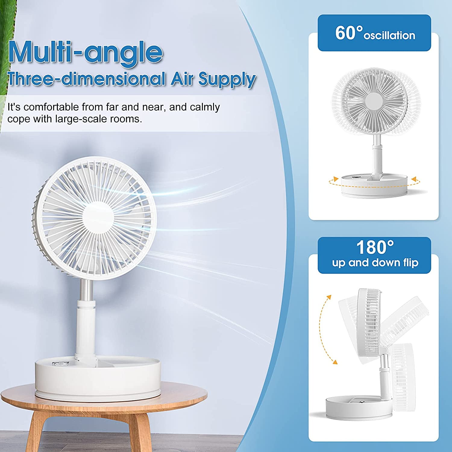 Uervoton Multi-Use Portable Rechargeable Standing Fan 4 Speeds Adjustable with Remote for Home Office Outdoor Camping Tent Travel（White）