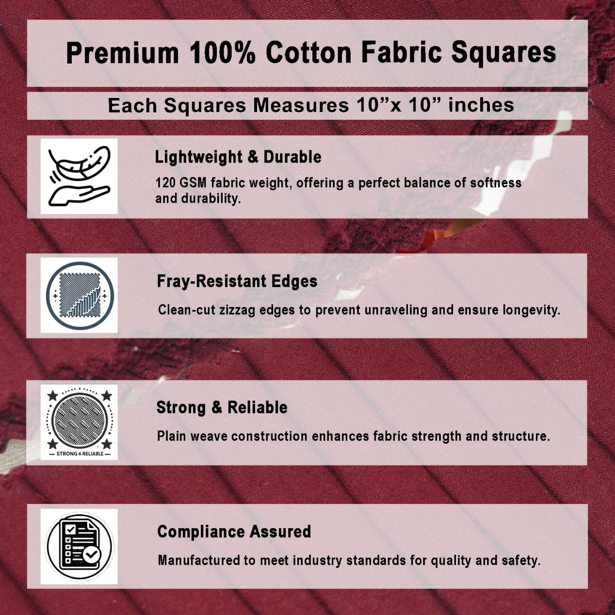 Soimoi 40 Pcs Solid Cotton Fabric Squares Bundles Charm Packs for Quilting, Fat Quarter Layer Cakes, Fabric Scraps for Crafts,Precuts Quilt Squares 10 X 10 inches, DIY Fabric Bundle - Blood Maroon