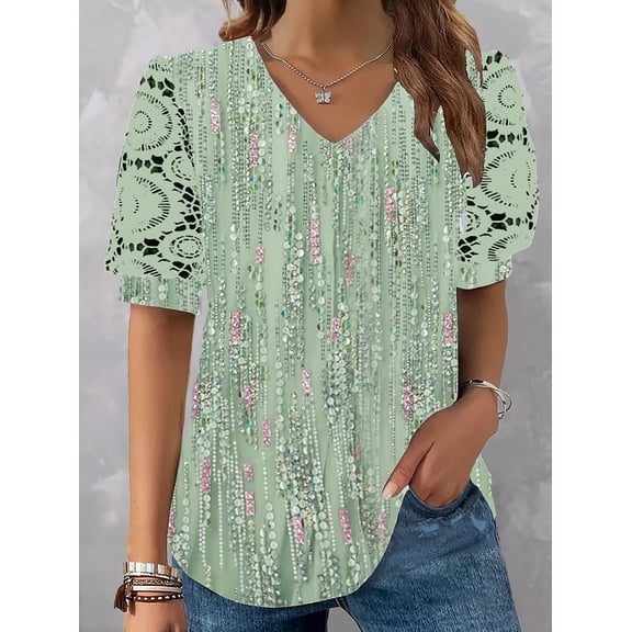Nyfairy Plus Size Women's V Neck Lace Short Sleeve Sequin Print Casual Blouse