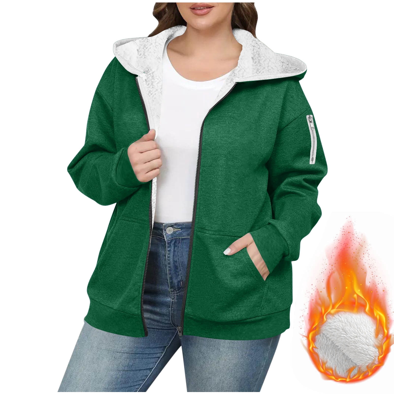 DPTALR George Women's Plus Size Solid Color Zip-Up Hooded Fleece-Thickened,Green,Big and Tall Men XXL