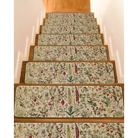 Stair Treads for Wooden Steps, Rustic Botanical Peel and Stick Stair Treads with Reusable Adhesive, Vintage Floral Wildflower Non Slip Indoor Stairs Runner Rugs Mats for Elders Dogs 8"x30" 4PCS