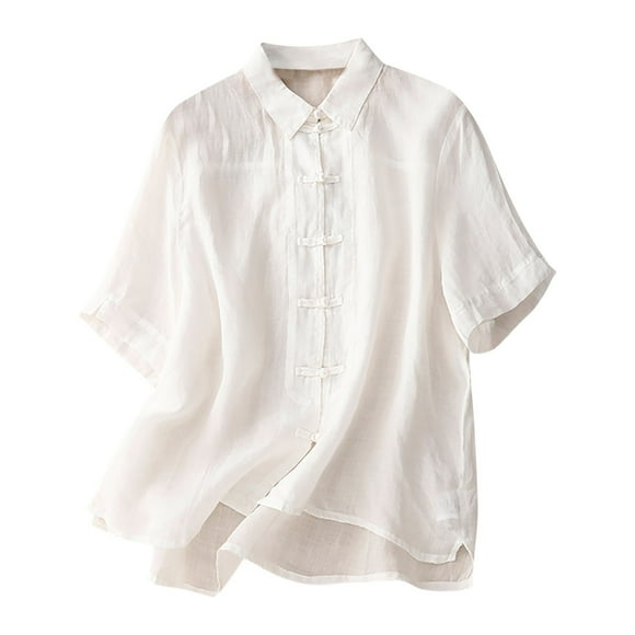 Fartey Women's Cotton Linen Shirts Retro Collared Chinese Frog Button Tops Loose Lightweight Casual Tshirts Plain Cute Summer Blouses White XXL