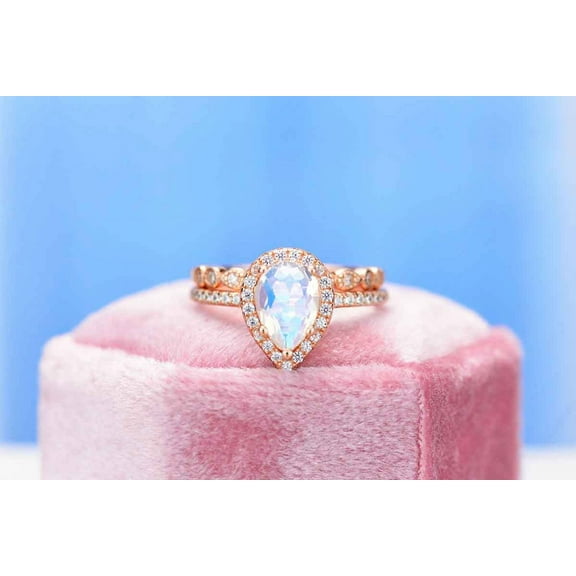 Natural Moonstone Ring Set, 2Ct Pear Cut Moonstone Halo Ring Set, Rose Gold Ring Unique Curved Vintage Ring, Size 5